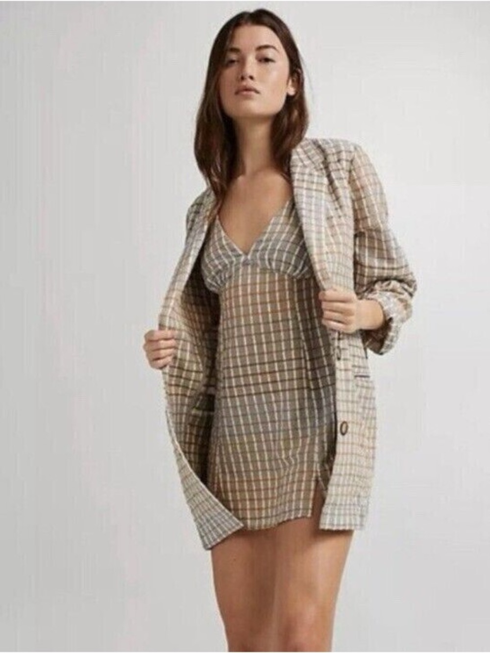 Free People Plaid Mini Slip Dress in Beige and Cream